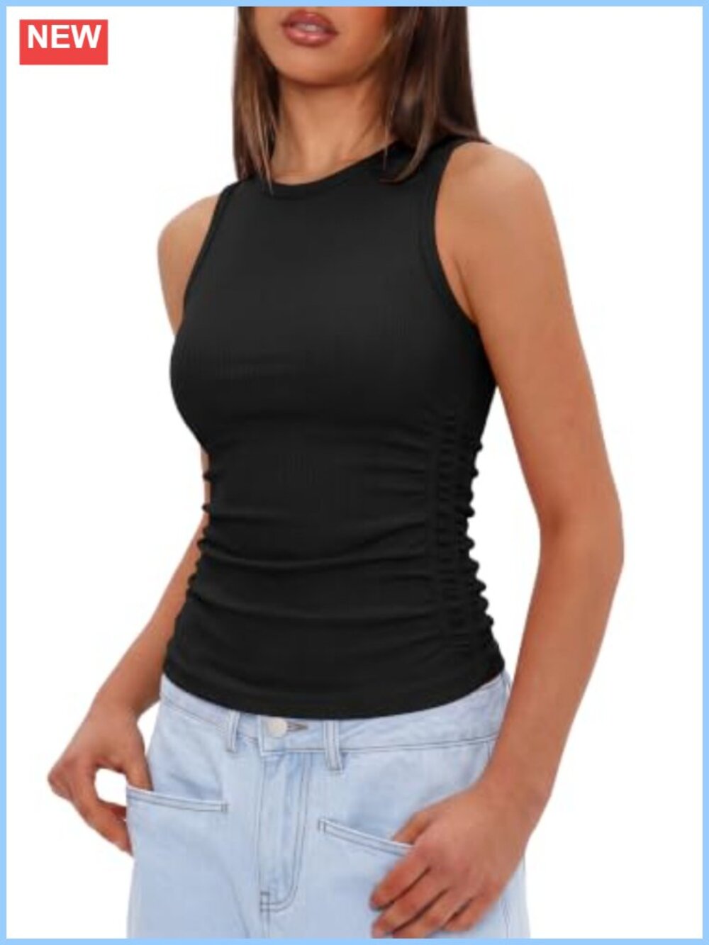 Seamless Ruched Side Built-in Bra High Neck Tank Top for Women